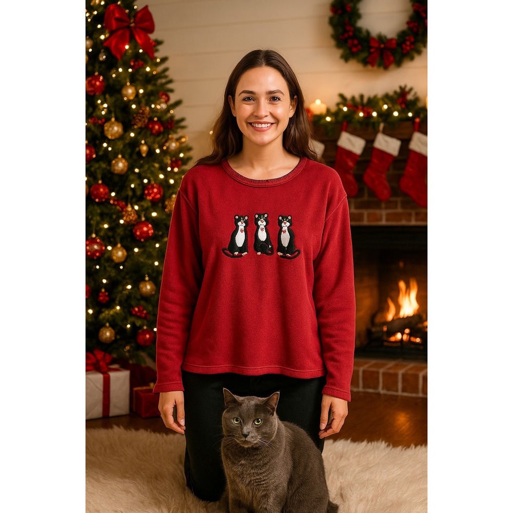 Vintage Cathy Daniels Christmas Kitty Cat Top Sz XL Ugly Christmas Sweater